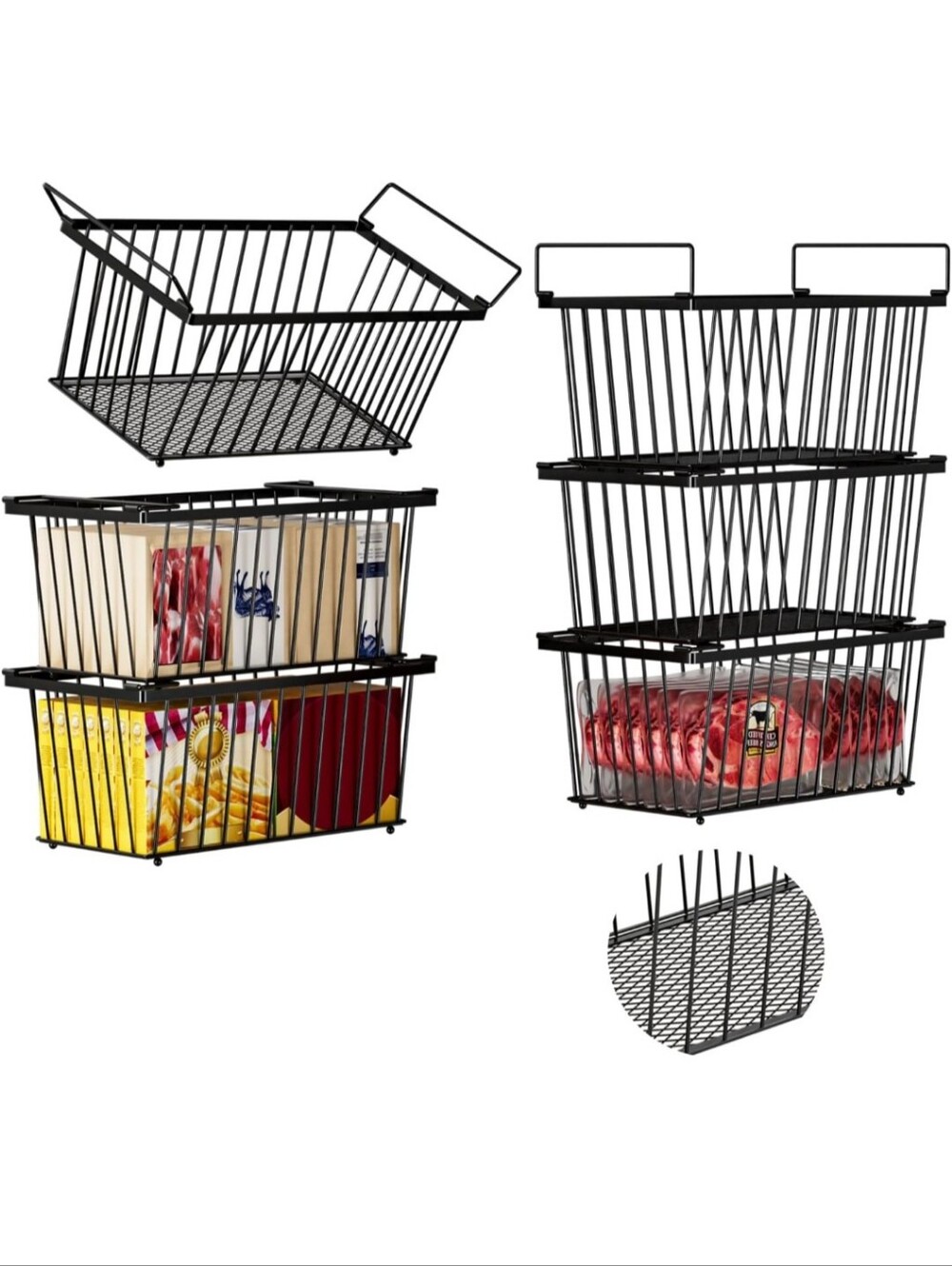 3‑Piece Black Wire Freezer Storage Basket Set